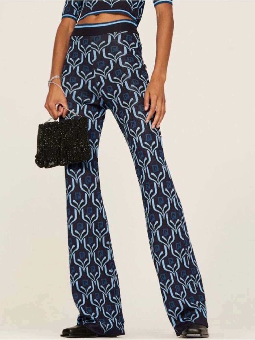 Paco Rabanne Flare Knit Pants Geometric Blue Size Small Retails $790‎ Retro